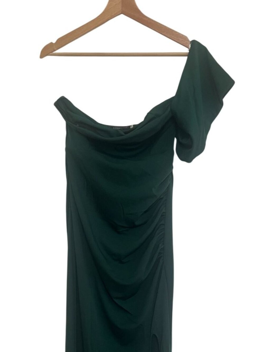 Miss Ord Emeral Green Carta Strapless Shoulder Drape Front Slip Maxi Formal Dres